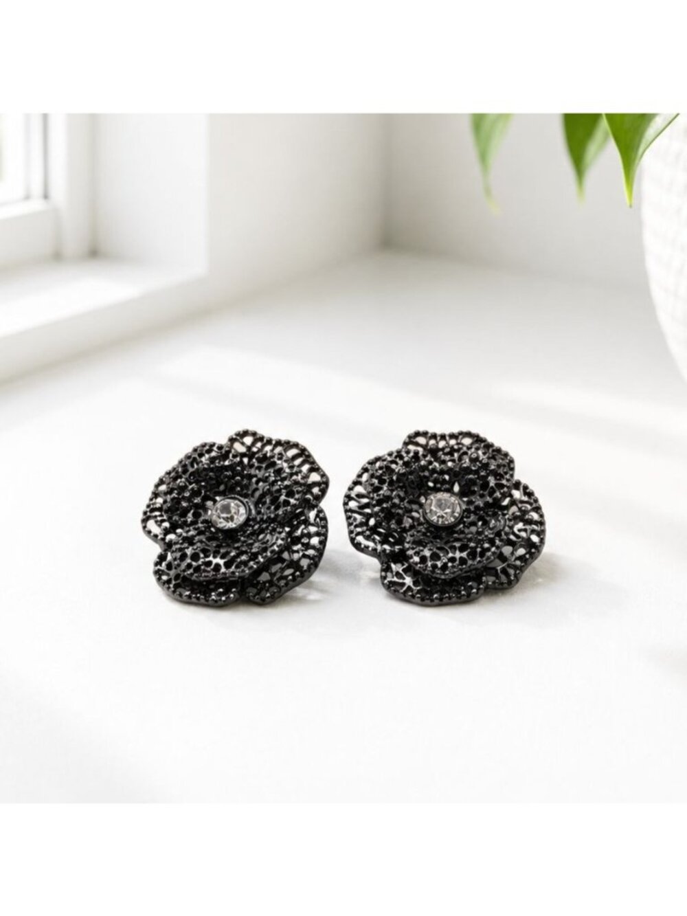 Black Filigree Flower Earrings With Crystal Center - Vintage-Inspired Delicate H